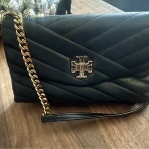 Tory Burch Black Quilted Clutch with Gold Chain